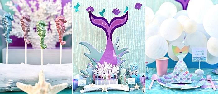 idé för födelsedagsborddekoration på temat lilla sjöjungfrun i blått och lila, godisbar med tema med sjöhästslickor och porslin med skalmönster