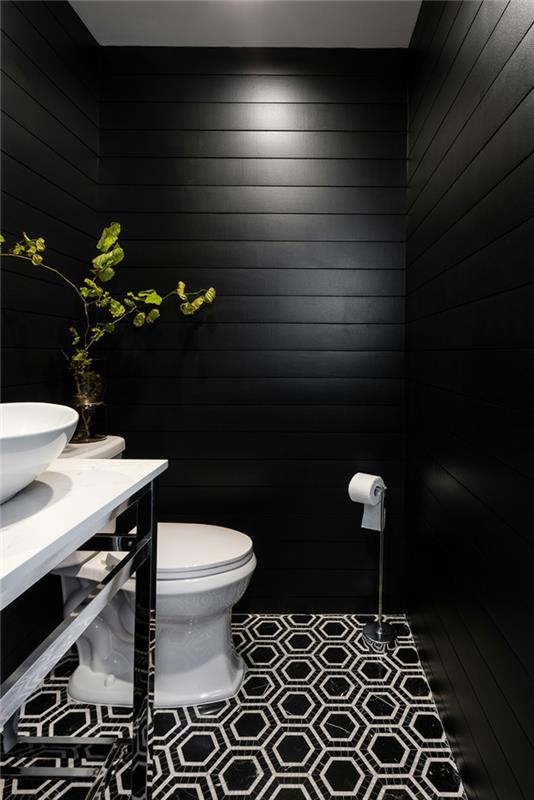 originálna dekorácia toalety, geometricky vzorovaná podlaha, dekoratívna rastlina, biele umývadlo na dosku, čierne obloženie steny