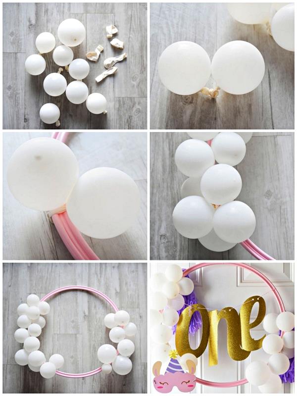 hur man gör ett vackert barns födelsedagsdekoration med ballonger, ballonger fästa vid en dekorativ ring