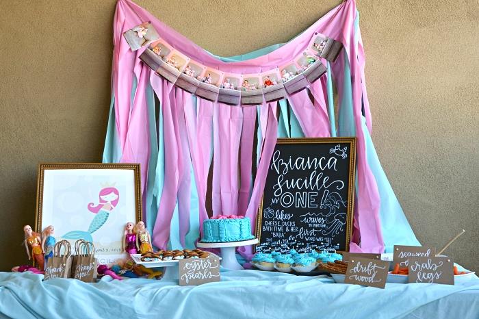 idé att göra en bordsdekoration på det lilla sjöjungfruens födelsedagstema, sjöjungfrun godisstång i blått och rosa dekorerat med en kantad gardin som bakgrund