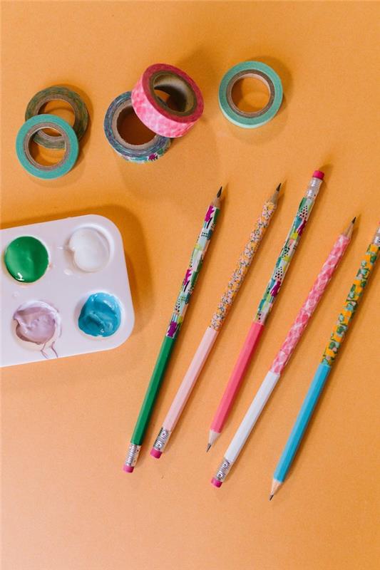ceruzka nápad na dekoráciu s farbou a páskou washi personalizované školské potreby jednoduchá materská škola ručná činnosť rýchla a kreatívna