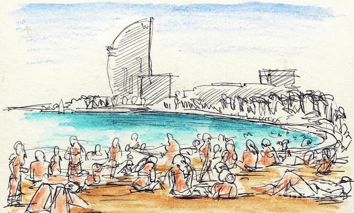 Barcelonas strand och hotell m, landskapsteckning, uggelteckning lätt att göra och vacker, barcelonetta utsikt över stranden