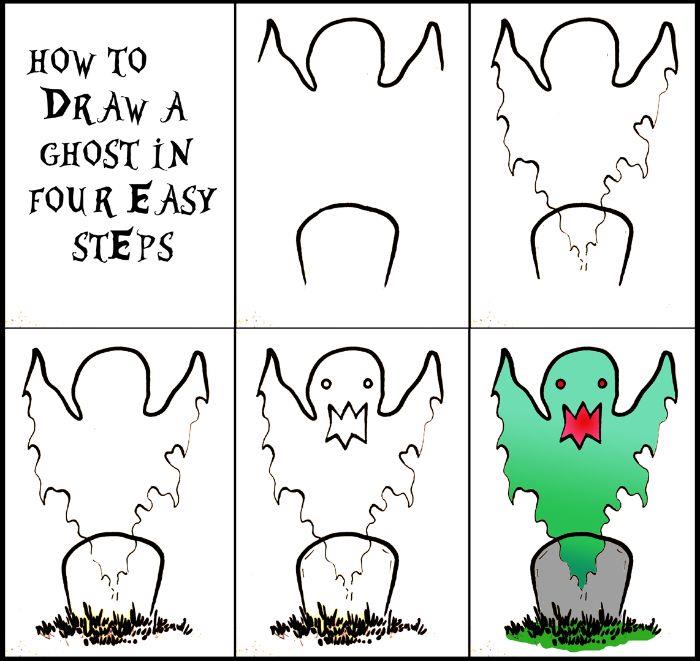 hur man skissar en lyckad halloween spökritning med grav, enkelt färgritningsexempel för att rita själv