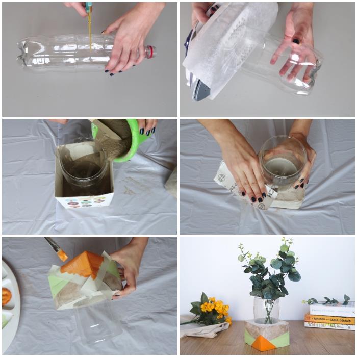 en enkel återvunnen plastflaska i geometriskt mönster kreativ betongvas, enkel DIY -idé med återvunnet föremål