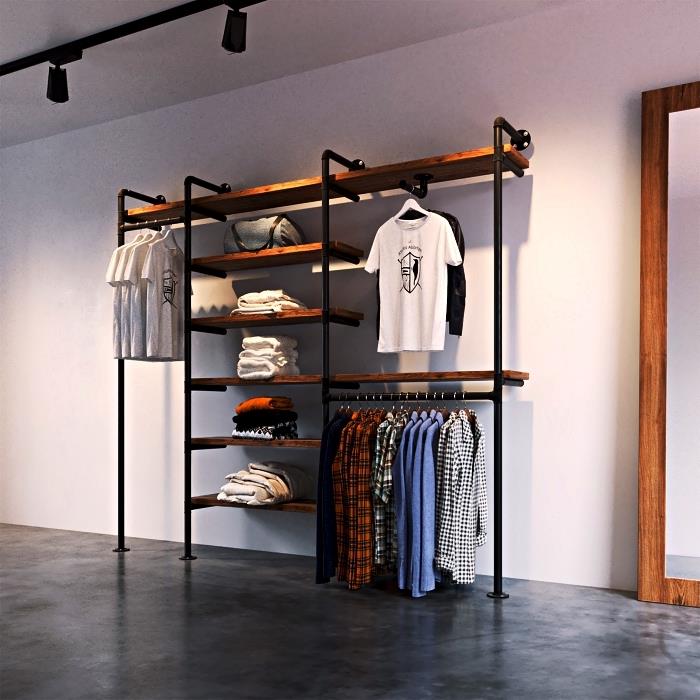 DIY öppen design garderob modell gjord med metallrör och trä, industriell gör-det-själv garderob