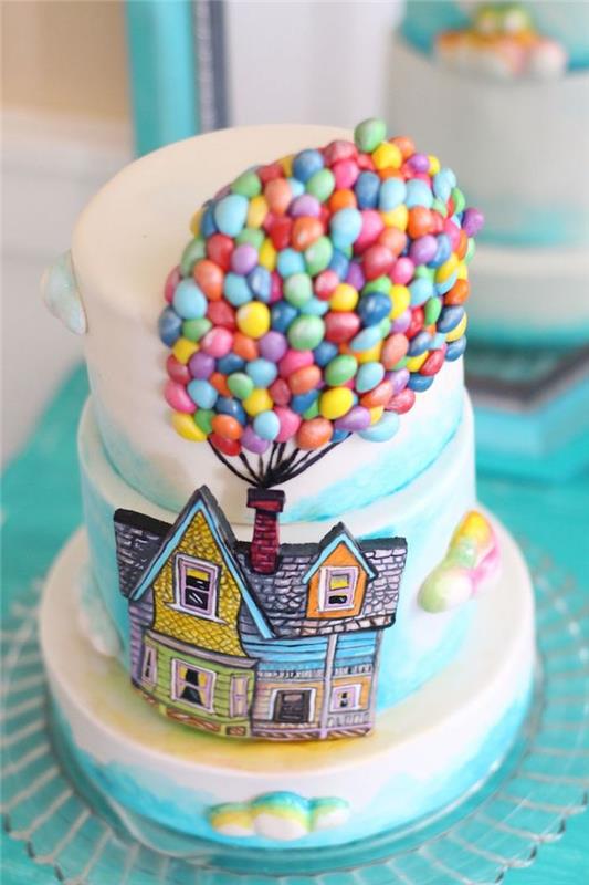 idespicable me tema tårta med socker hus och färgglada m & amp; m godis ballonger, 3 lager barn födelsedagstårta
