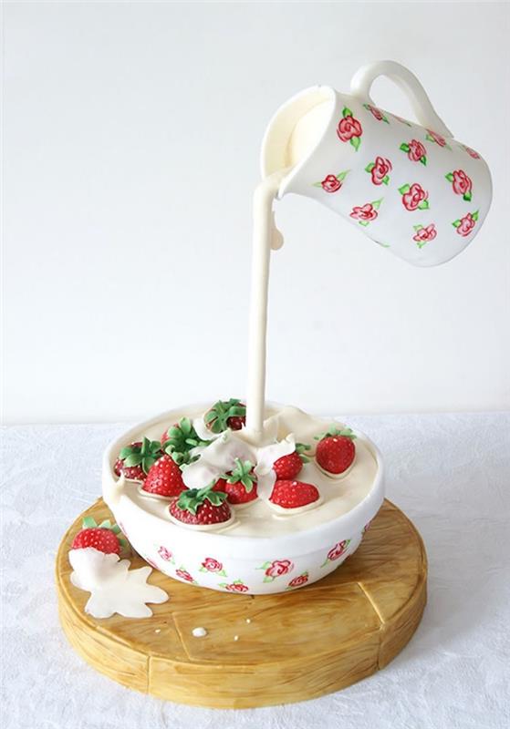 gör en ovanlig tårta, gravitationskaka i vit kopp med mjölk och jordgubbar, original idé för vuxna födelsedagstårtor