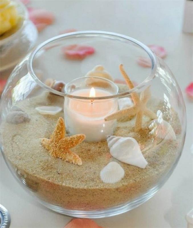 Alcune idee artigianali per decorare la casa, terrarium con sabbia, conchiglie e candela