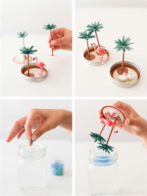 Handledning idé artigianali con del barattolo di vetro e un globo di neve estivo con fenicottero e palme