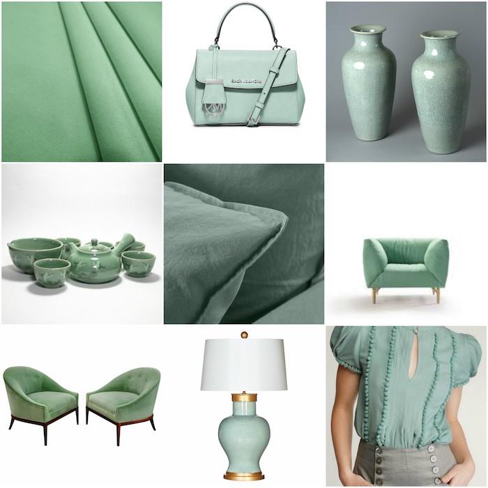 ako adoptovať celadonskú zelenú, trendovú farbu v móde a interiérovom dizajne, keramike, tkaninách, nábytku, ženskom módnom doplnku farba verdigris