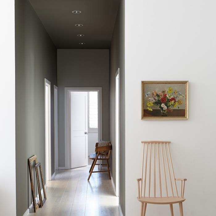hall och entré målning idé som spelar på gråtoner i båda delarna av korridoren