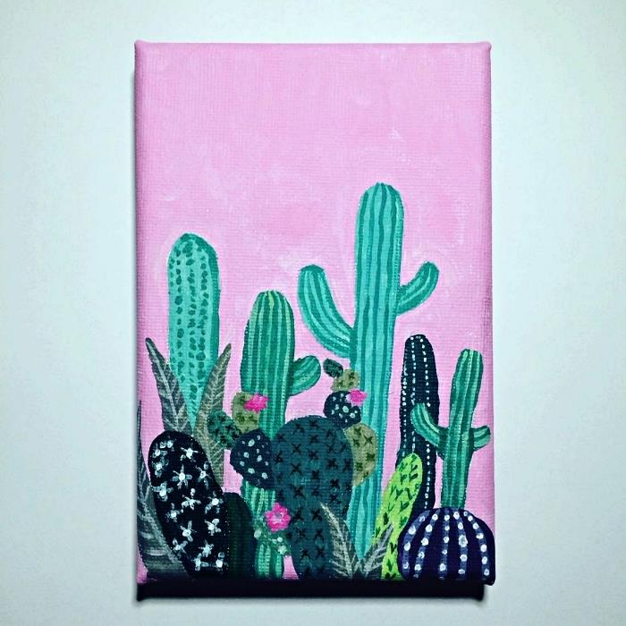 kaktusmålning i akryl på rosa bakgrund, lätt att måla brädidé för nybörjare