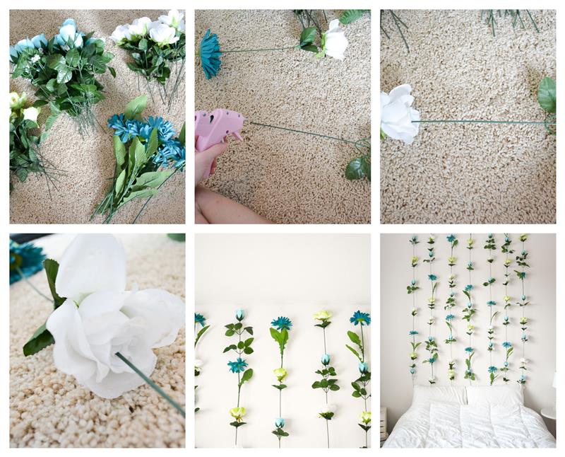 originalexempel på hur man gör en blommig sänggavel av konstgjorda blommor limmade ihop, vita sängkläder