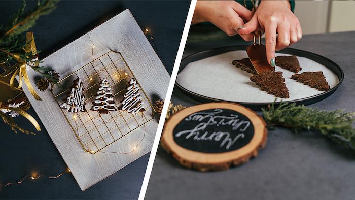 hembakade kakor, pepparkaksrecept mini -julgranar dekorerade med kunglig glasyr och gyllene pärlor
