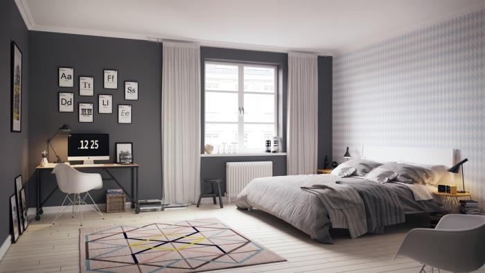 Dekor v škandinávskom štýle, antracitovo sivá farba, sivá posteľná bielizeň, svetlé parkety, pracovný priestor, drevená sedačka a škandinávska stolička