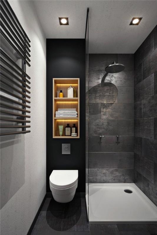 malá a moderná šedá kúpeľňa s talianskou sprchou a toaletou