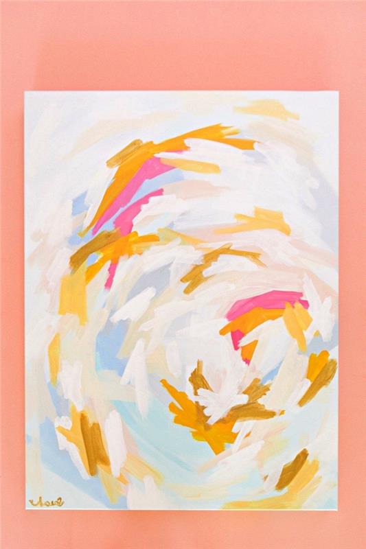 idé om abstrakt målning i akryl för att göra dig själv, abstrakt duk i rosa, senapsgult och ljusblått