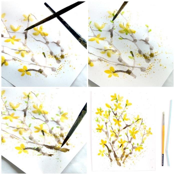 akvarellteknik för nybörjare, blommande gren med akvarellpensel och halm