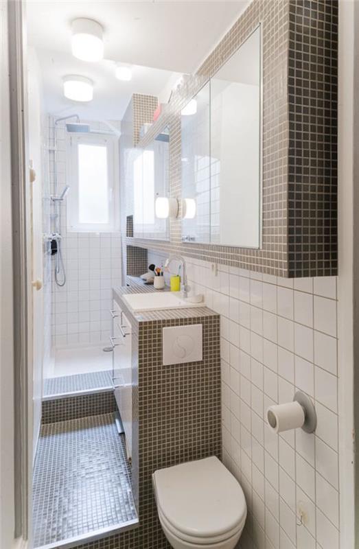 idéer om hur man ordnar ett litet badrum i smal längd