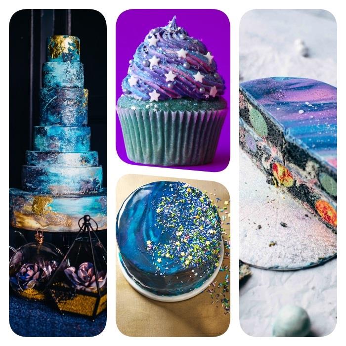 niekoľko nápadov, ako vyrobiť originálny galaxický koláč so zrkadlovou polevou alebo krémovou polevou v modrej, ružovej, fialovej, hviezdicovej výzdobe, farebných loptičkách