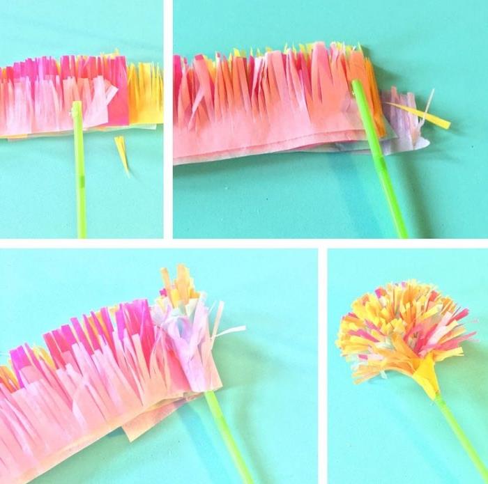 kvetina v páse hodvábneho papiera nastrihaná okolo zelenej slamky, nápad na výrobu kvetu v škôlke