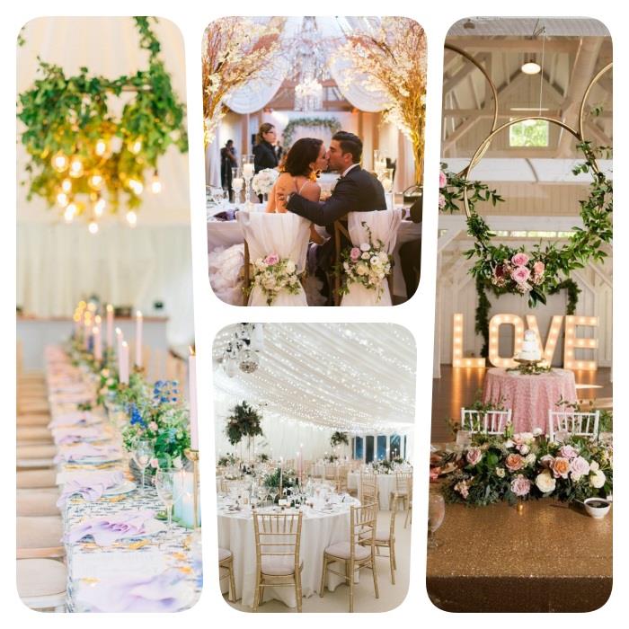 originálna dekorácia svadobnej miestnosti pre romantickú, vidiecku, elegantnú alebo inú svadbu, ktorú svadobnú tému si vyberiete