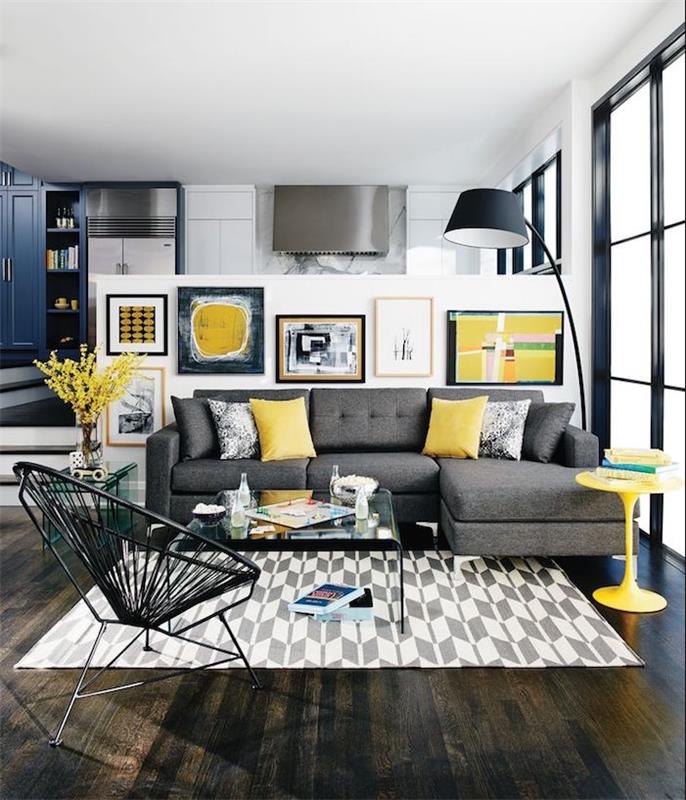 tmavo farebná moderná a vintage dizajnová obývacia izba s nábytkom