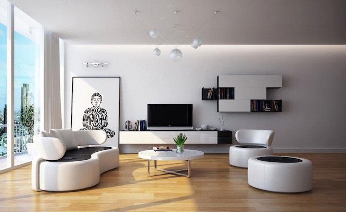 vintage a moderná minimalistická biela dizajnová obývacia izba s luxusnými kreslami