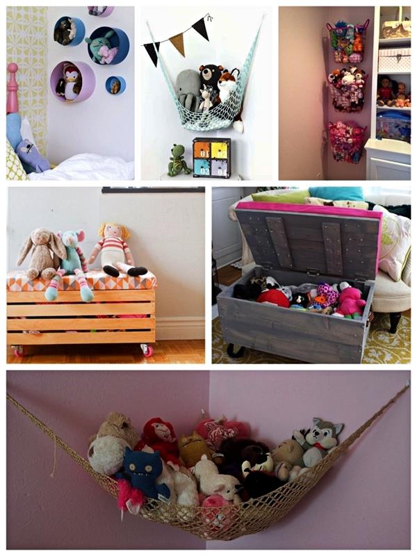 tipy na uloženie v detskej izbe na odkladanie plyšových hračiek, nástenné koše a závesné tašky na ukladanie mäkkých hračiek v detskej izbe, odkladacia lavica s matracom