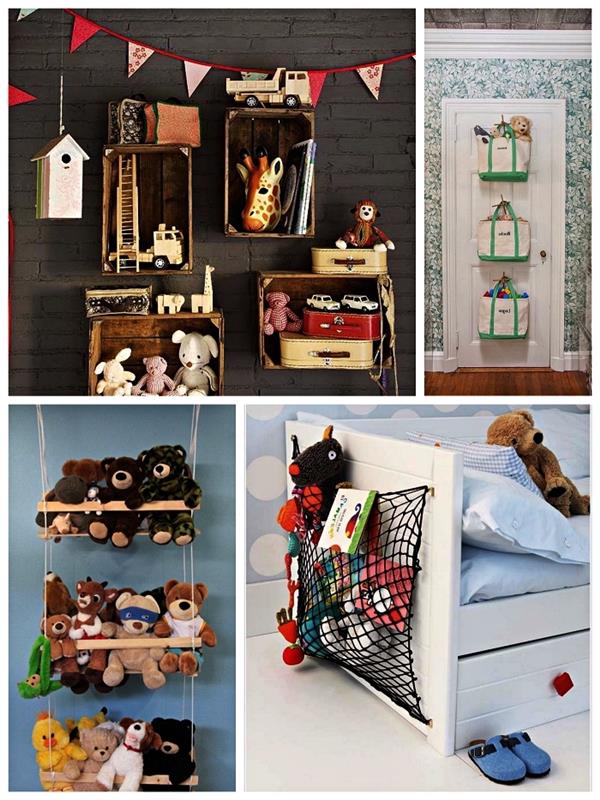 tipy na skladovanie hračiek v detskej izbe, nástenné police v drevených debnách, úložné koše zavesené na dverách a originálny úložný priestor na plyšové hračky