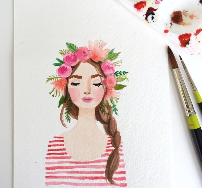 akvarellmålad kvinnlig porträtt av en tjej med romantisk blomsterkrans och sidfläta, enkla målningsidéer att börja med akvarell