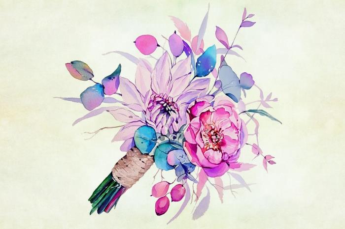 rosa-lila blombukett målad i akvarell och bearbetar detaljerna med stor precision