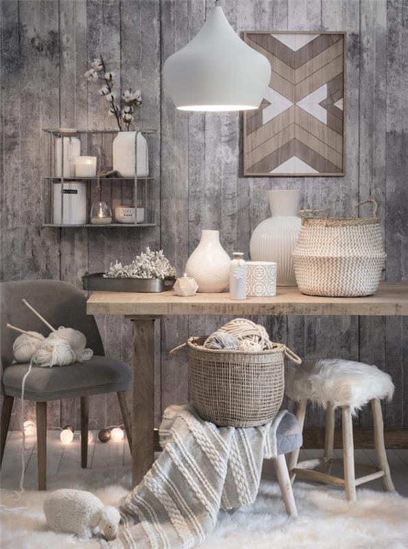 hygge deco cocooning -trend i neutrala toner och varma och mysiga material, liten inredning i hygge -stil