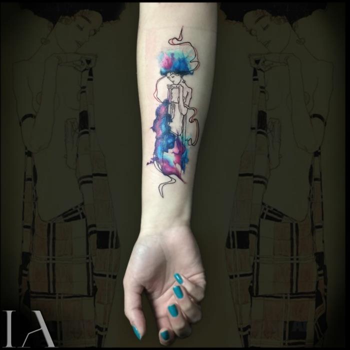Tetovanie ženskej nohy, miniatúrne tetovanie na predlaktie a chladné nápady pre mňa, ženská silueta kvetu, farebné dvojité expozície, originálne tetovanie