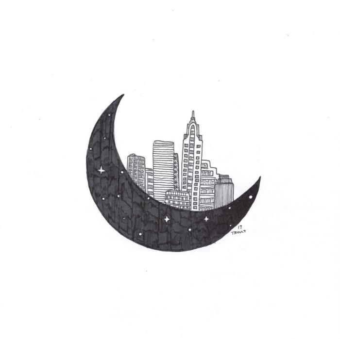 Enkel ritning geometrisk bild för att återskapa cool idé måne och stad