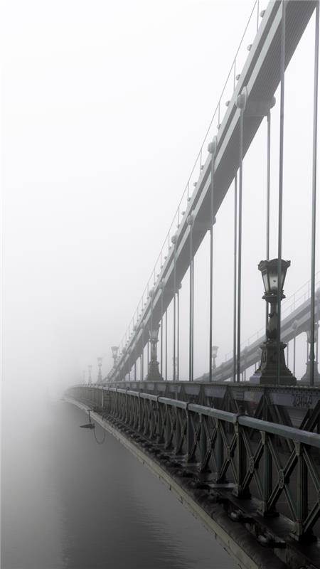 vacker svartvit bild av bron som går vilse i dimman, stadsbildsfotografi fullt av vemod