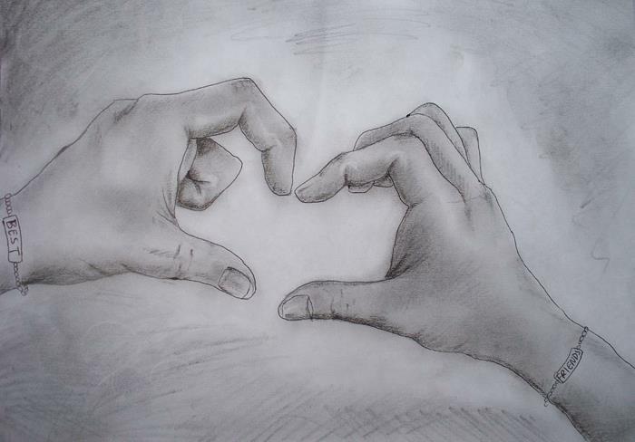 Söt flickvän penna ritning färgglada kort händer hjärta