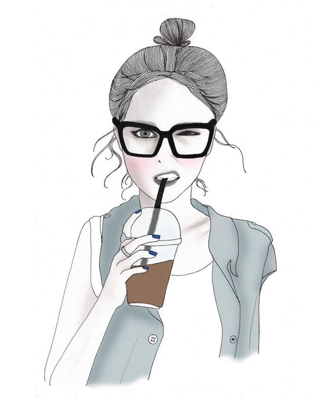 فكرة رسم جميلة يسهل القيام بها باستخدام تطبيق للرسم ، فتاة غنيمة بنظارات وكعكة عالية ، بلوزة بيضاء بدون أكمام وصدرية رمادية تشرب القهوة