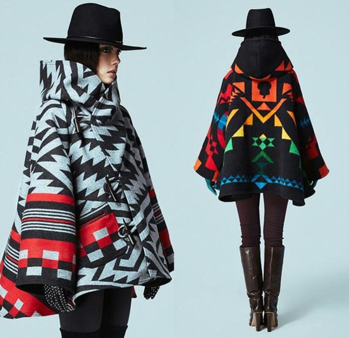 etniskt tryck, vacker poncho-vinterrock, färgglada mönster, hatt med svart kant
