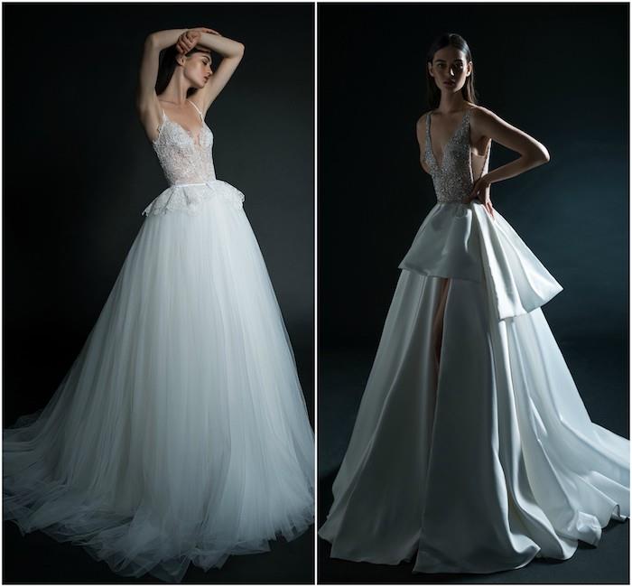 najkrajšie svadobné šaty z inbal dror, model tobe s tylovou sukňou a transparentným čipkovým živôtikom a biele šaty s rozparkom a živôtikom zdobené kamienkami