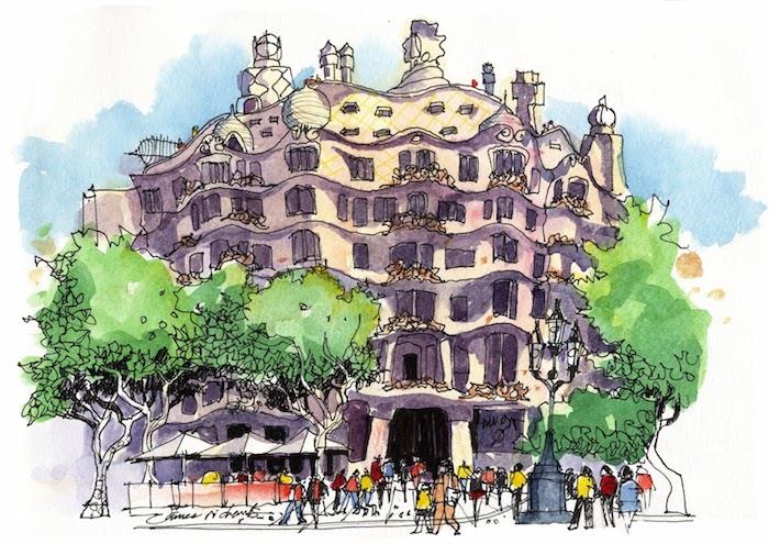 Barcelonas skönhet, casa Mila de gaudi arkitektur ritning akvarell, enkel och vacker ritinspiration, teckning av ett landskap