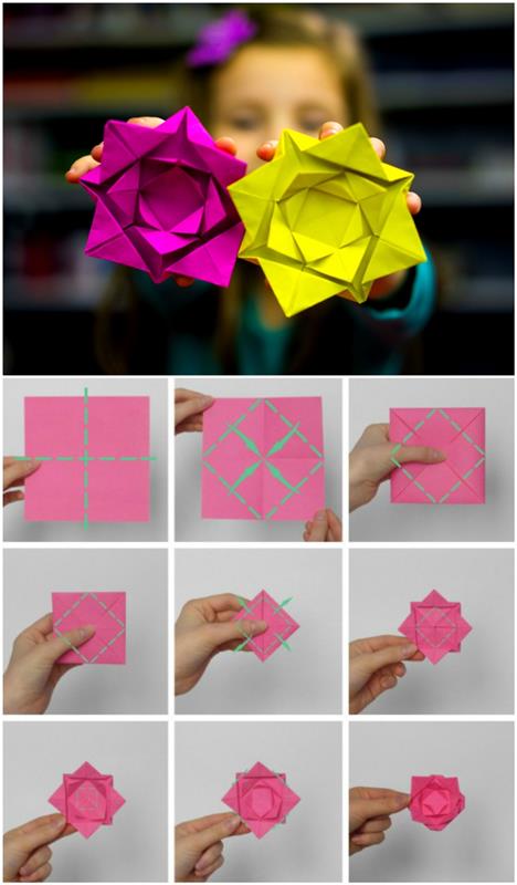 pekný origami kvet, ktorý môžete urobiť s deťmi, kroky skladania papierovej ruže
