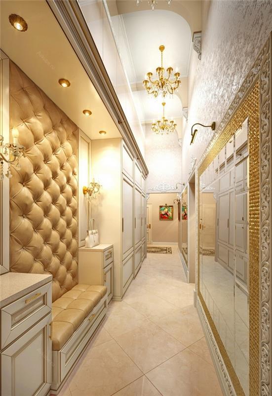 vstup do haly deco s luxusným dizajnom s bielym a béžovým nábytkom, štýlovou dekoráciou so zlatými a striebornými povrchovými úpravami