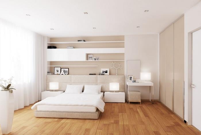 vilken färg för sovrum för vuxna med minimalistisk design, vit och beige inredning med ledbelysning och moderna möbler