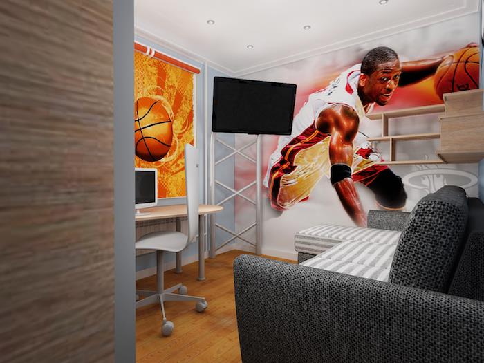 فكرة ديكور غرفة نوم الصبي ، ملصق حائط مستوحى من الرياضة NBA ، مكتب وأرضيات خشبية