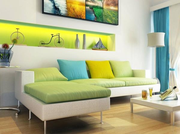 interiér-obývacia izba-retro-prízvuk-s-bielou-a-zelenou-farebnou schémou-navyše-moderná-sekčná sedacia súprava-s-farebnými podložkami-a-vankúšmi-tiež-v stene veľkosť regálového displeja-populárny-život-r-zmenená