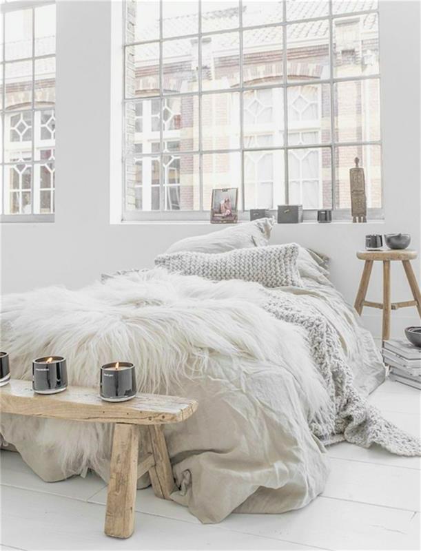 romantisk vuxen sovrum dekorera idé, rå trä bänk, stora fönster, trä pall, stickad pläd