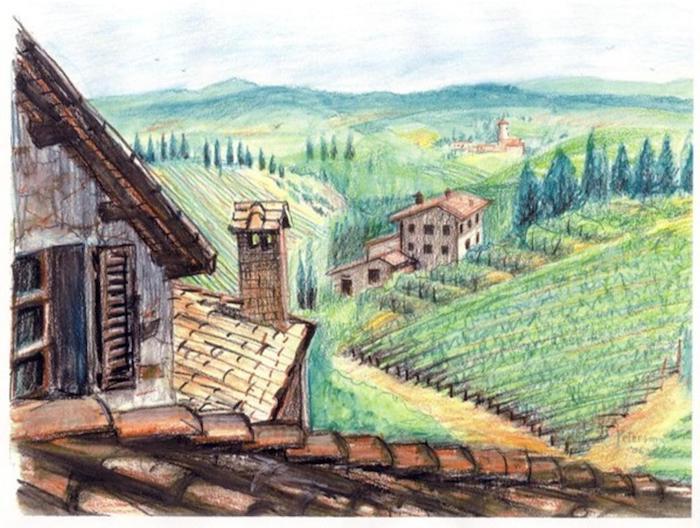 Skönhetslandskap i Toscana, naturritning landskap hus och åkrar, enkel teckning och vackert