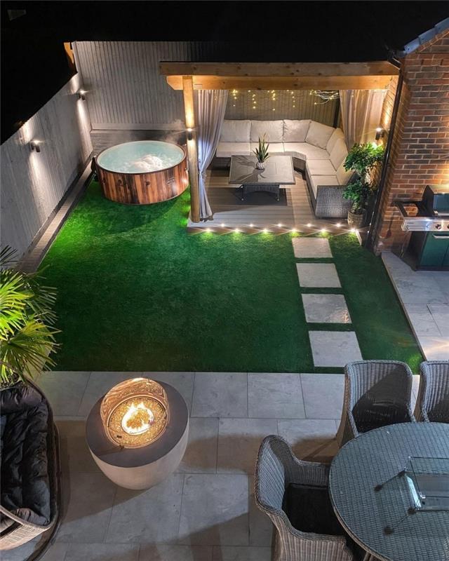 Jacuzzi trädgård exteriör design pergola hörnsoffa utomhus eld