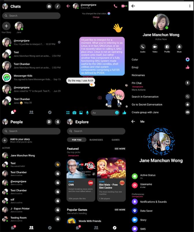 ملصقة من الشاشات المختلفة ووظائف برنامج Dark messenger بواسطة jane manchun wong ، في إصدار تجريبي في بعض البلدان